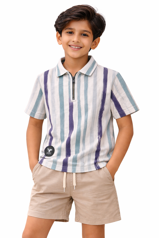 Kids' Designer Painterly Stripe Cotton Polo – Premium Summer Blue & Seafoam