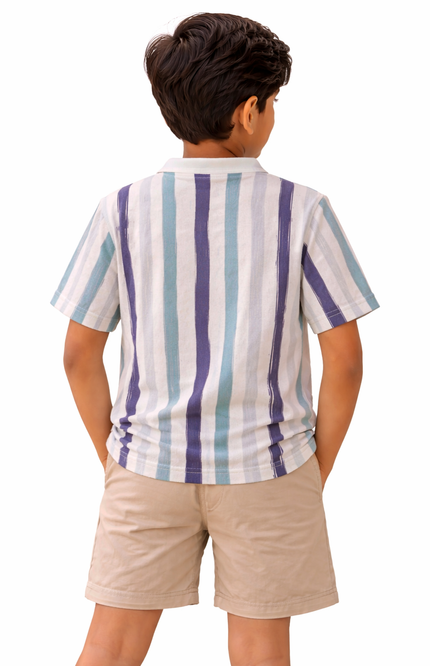 Kids' Designer Painterly Stripe Cotton Polo – Premium Summer Blue & Seafoam