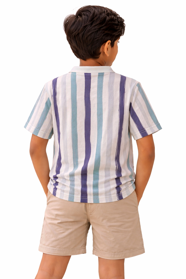 Kids' Designer Painterly Stripe Cotton Polo – Premium Summer Blue & Seafoam