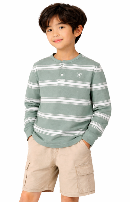 Sage Green Boys' Long-Sleeve Textured Stripe Henley Shirt