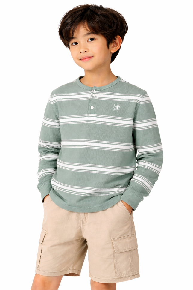 Sage Green Boys' Long-Sleeve Textured Stripe Henley Shirt