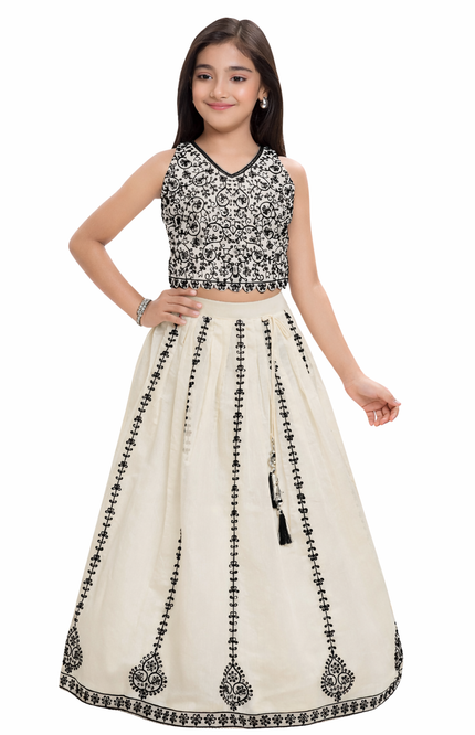 Girls' Black & Cream Crepe Ghagra Choli