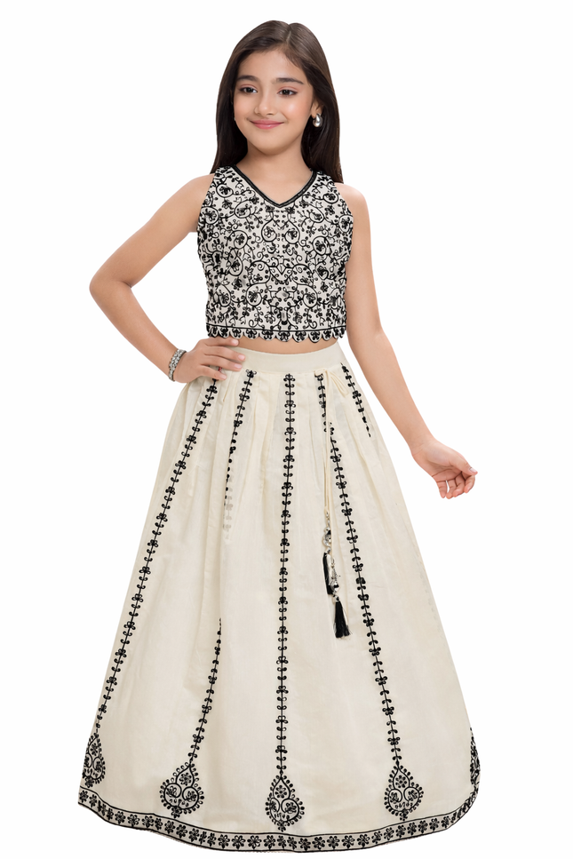 Girls' Black & Cream Crepe Ghagra Choli