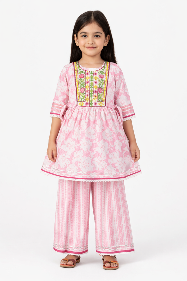 Nina Richi Girls Pink Floral Cotton Kurta & Palazzo Set