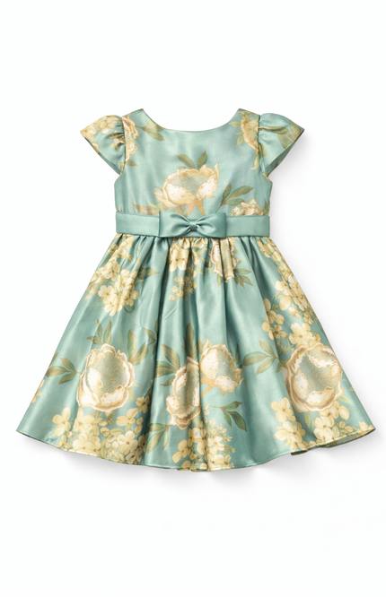 Sage Green Floral Party Dress with Bow Belt