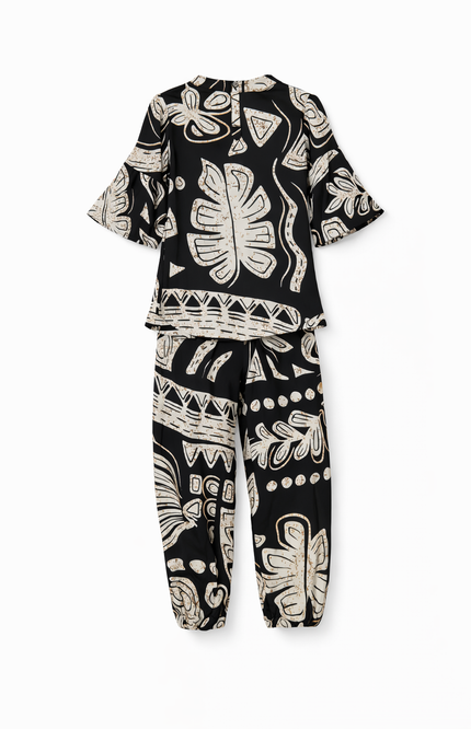 Girls' Black and Beige Tropical Leaf Print Co-ord Set with Harem Pants