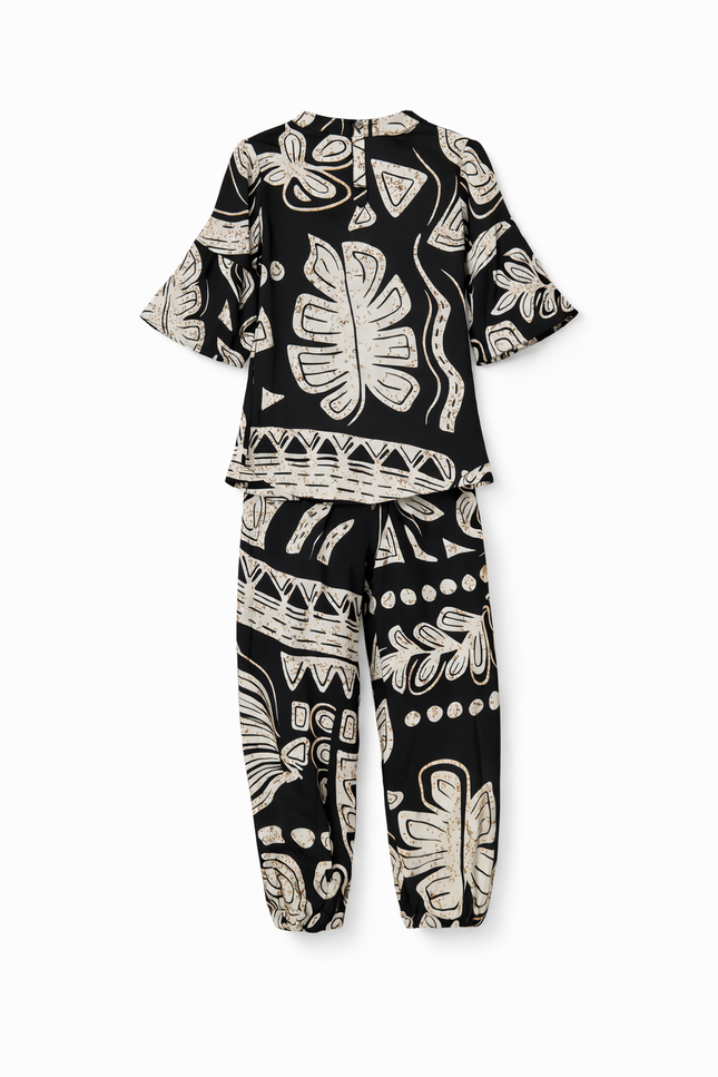 Girls' Black and Beige Tropical Leaf Print Co-ord Set with Harem Pants