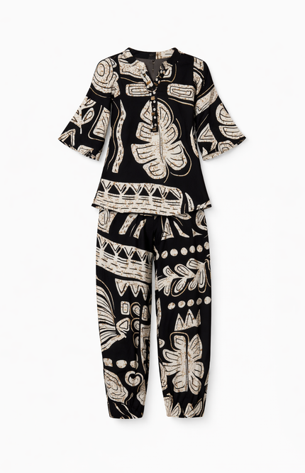 Girls' Black and Beige Tropical Leaf Print Co-ord Set with Harem Pants