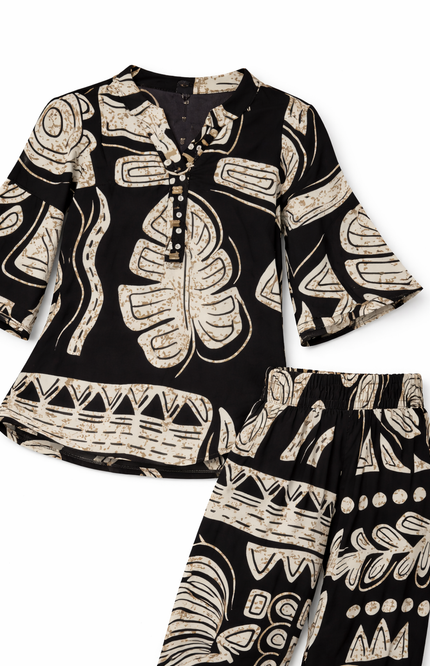 Girls' Black and Beige Tropical Leaf Print Co-ord Set with Harem Pants
