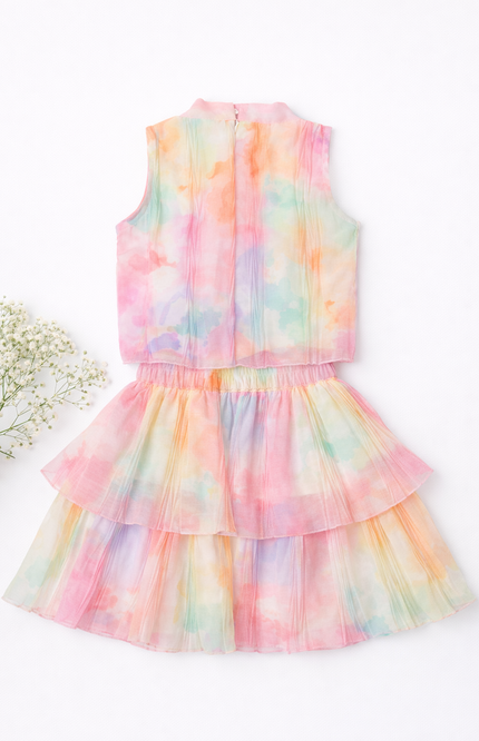 Pastel Tie-Dye Crepe Dress Set with Sling Bag