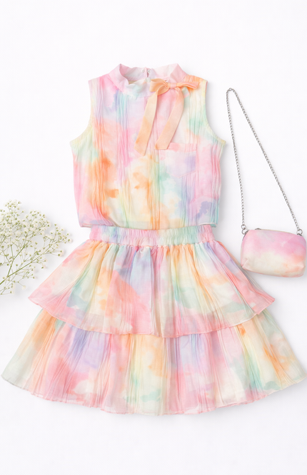 Pastel Tie-Dye Crepe Dress Set with Sling Bag