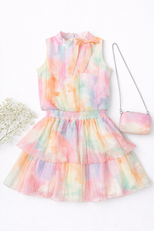 Pastel Tie-Dye Crepe Dress Set with Sling Bag