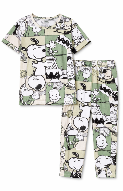Girls' Premium Hosiery Snoopy pajama set | Green/Off-White Peanuts Loungewear