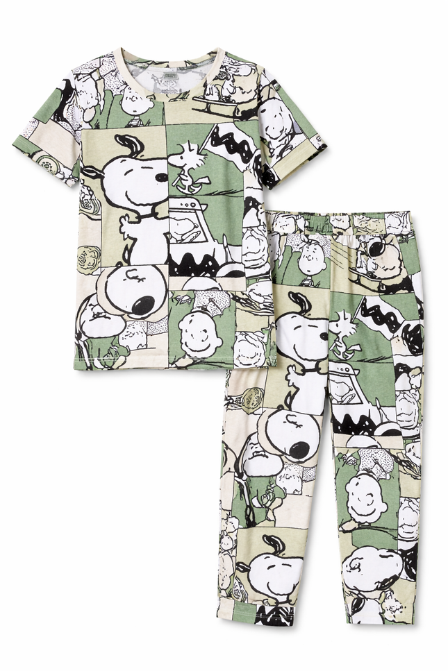 Girls' Premium Hosiery Snoopy pajama set | Green/Off-White Peanuts Loungewear