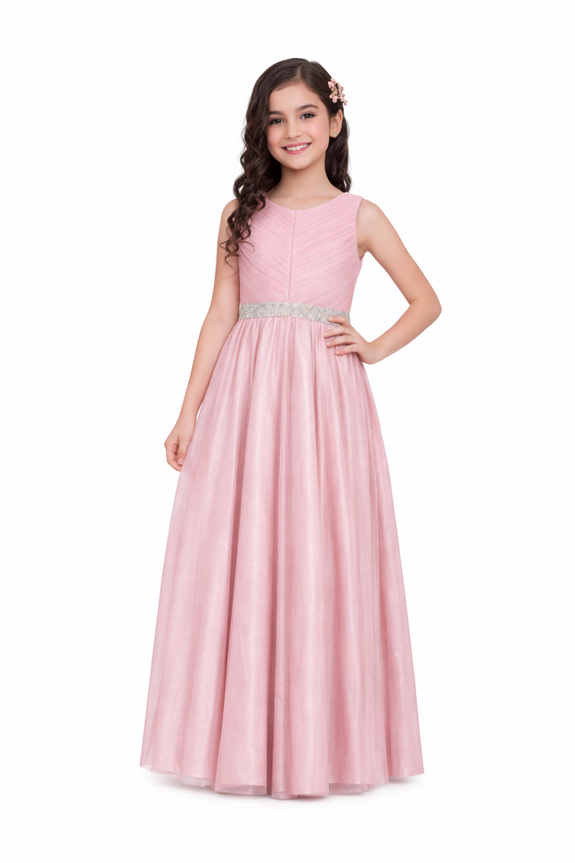 Girls' Floor-Length Shimmer Tulle Evening Gown with Rhinestone Waist