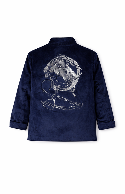 Kids' Navy Blue Velvet Party Suit Set with Silver Graphic Tee and Slim-Fit Grey Pants