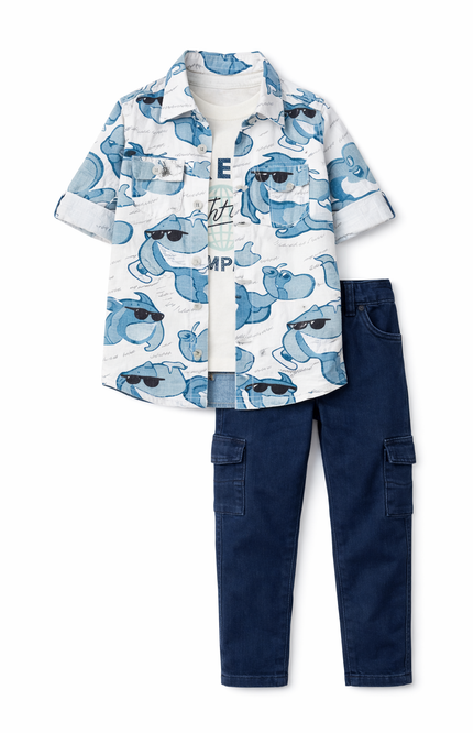 Boys' 3-Piece Tropical Print Button-Down Shirt, Graphic Tee, and Dark Wash Cargo Jeans Set