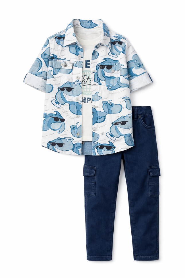 Boys' 3-Piece Tropical Print Button-Down Shirt, Graphic Tee, and Dark Wash Cargo Jeans Set