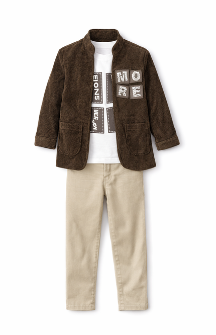 Boys' 3-Piece Olive Corduroy Blazer Set with Graphic Tee and Khaki Trousers