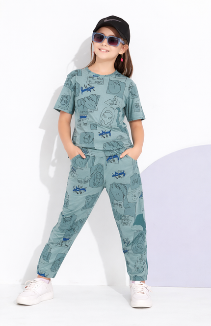 Girls' 2-Piece Sage Green Graphic Print T-Shirt and Jogger Set