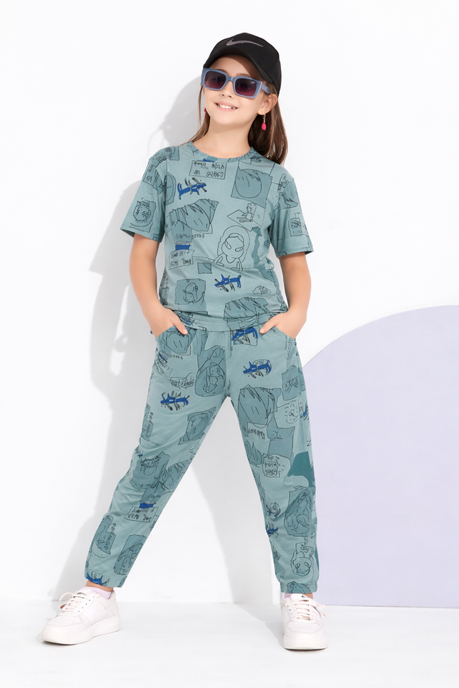 Girls' 2-Piece Sage Green Graphic Print T-Shirt and Jogger Set