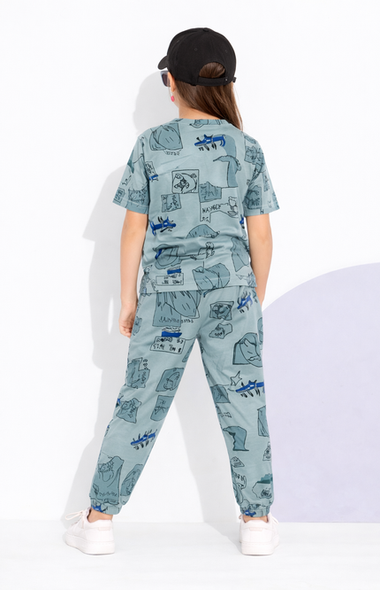 Girls' 2-Piece Sage Green Graphic Print T-Shirt and Jogger Set