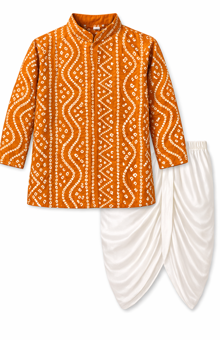 Boys' Festive Bandhani Print Kurta and Cream Dhoti Set