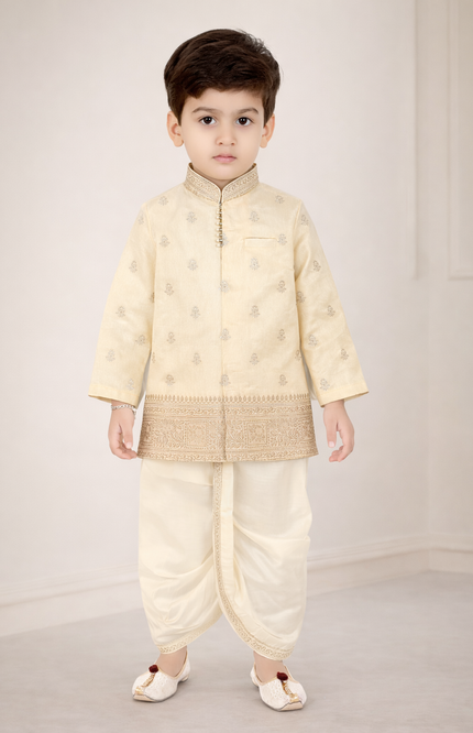 Kids' Premium Ethnic Wear – Gold-Toned Silk Blend Kurta with Traditional Dhoti