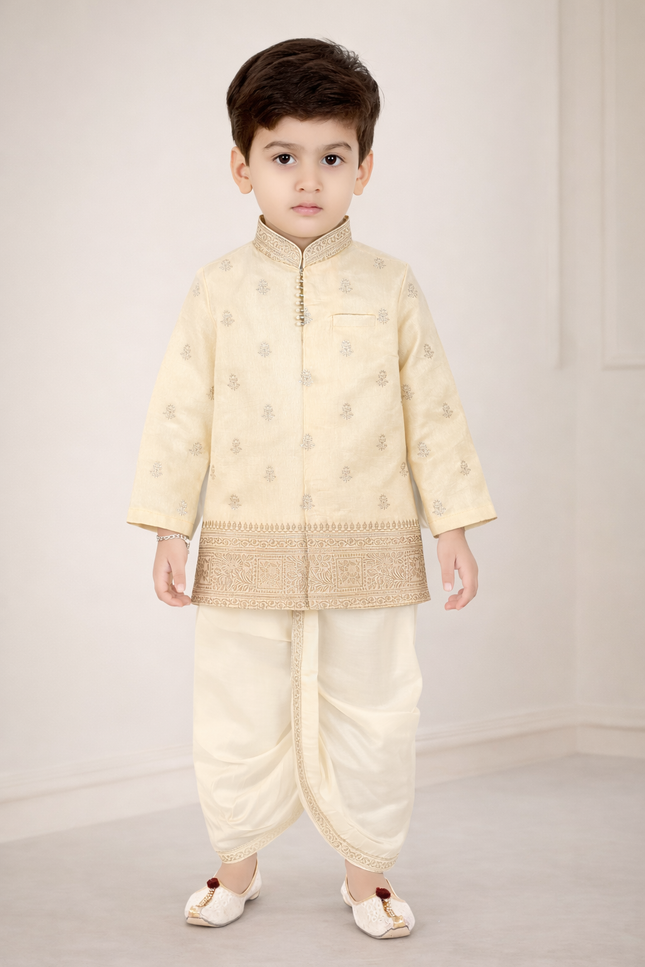 Kids' Premium Ethnic Wear – Gold-Toned Silk Blend Kurta with Traditional Dhoti