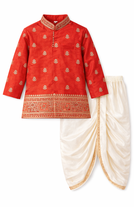 Kids' Premium Ethnic Wear – Gold-Toned Silk Blend Kurta with Traditional Dhoti