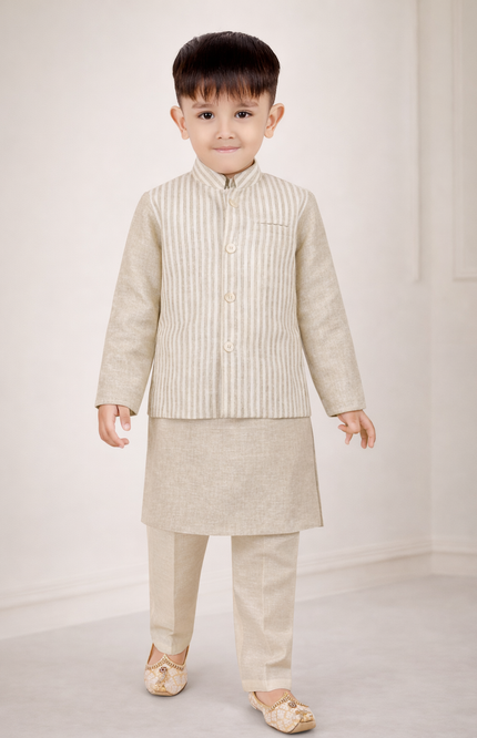 Boys' 3-Piece Natural-Tone Kurta Set with Striped Nehru Jacket