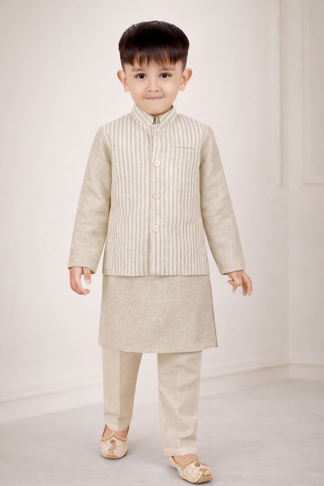 Boys' 3-Piece Natural-Tone Kurta Set with Striped Nehru Jacket