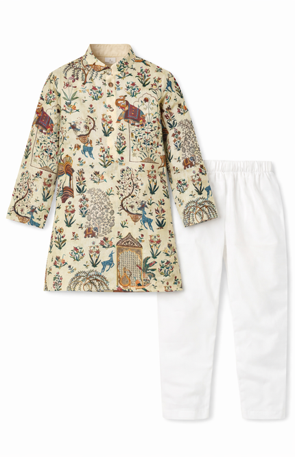 Boys' Cream Kalamkari Print Kurta and White Pajama Set