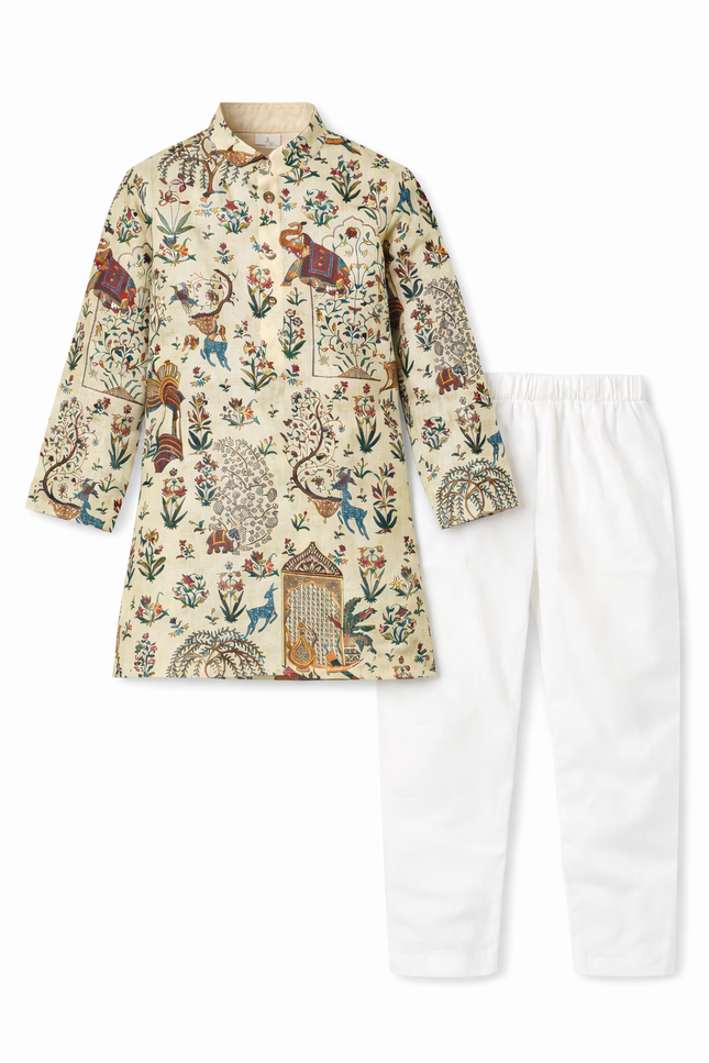 Boys' Cream Kalamkari Print Kurta and White Pajama Set