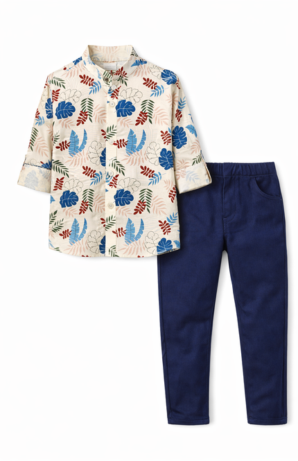 Boys' "Curious Bear" Print Button-Down Shirt and Denim Jeans Set