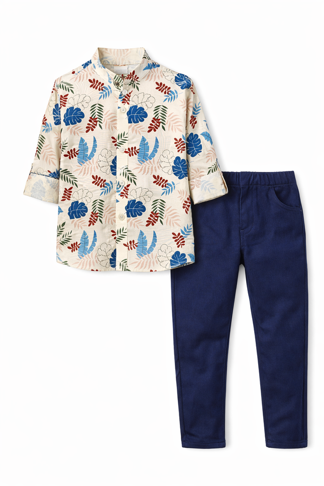 Boys' "Curious Bear" Print Button-Down Shirt and Denim Jeans Set