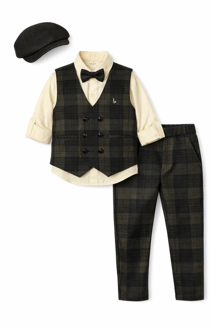 Boys' 4-Piece Dark Plaid Waistcoat, Trouser, and Shirt Set with Bow Tie