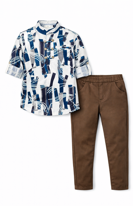 Boys' Blue & Grey Abstract Print Shirt and Slim-Fit Brown Trousers
