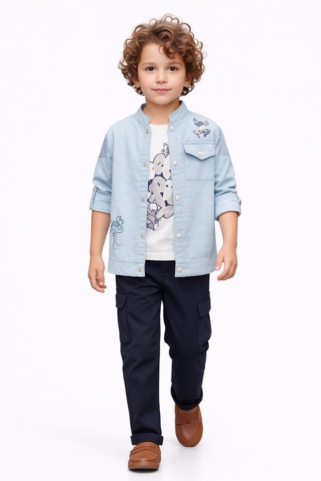 Boys' 3-Piece Flamingo Embroidery Light Blue Shirt and Cargo Pant Set