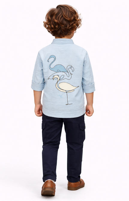 Boys' 3-Piece Flamingo Embroidery Light Blue Shirt and Cargo Pant Set