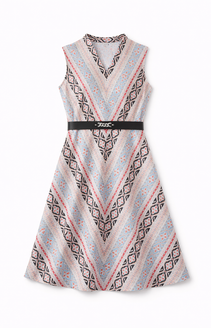 Women’s Sleeveless Geometric Print A-Line Dress with Belt