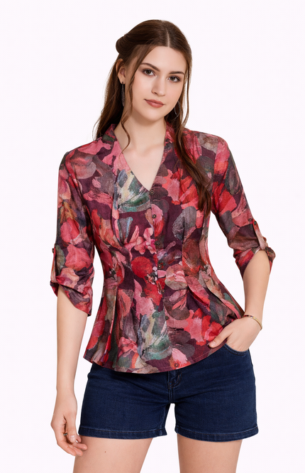 Infeel Multi-Color Botanical Print Top – Tailored Waist with Adjustable Sleeves