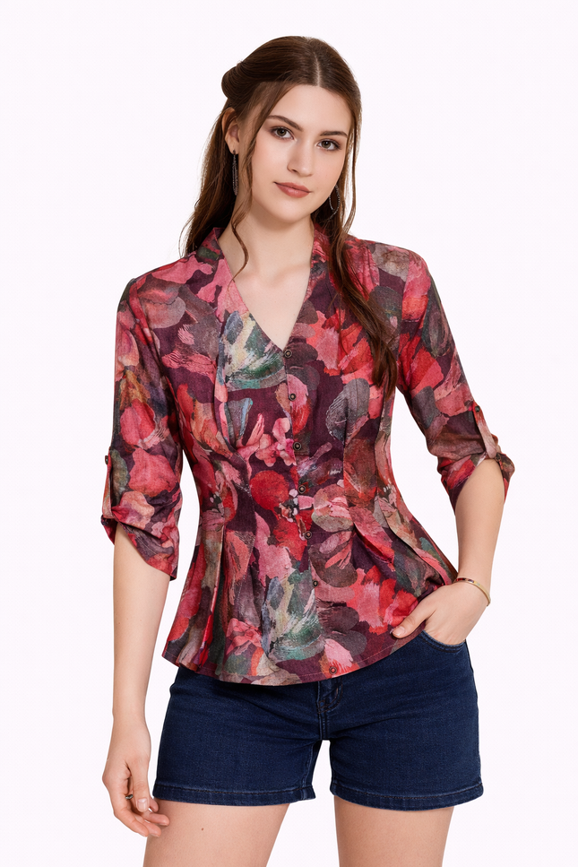Infeel Multi-Color Botanical Print Top – Tailored Waist with Adjustable Sleeves