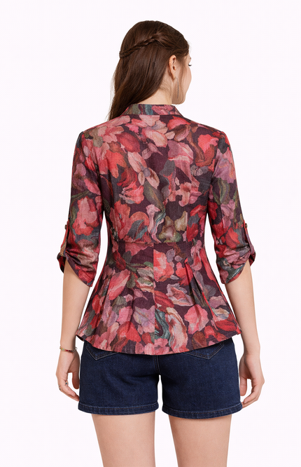 Infeel Multi-Color Botanical Print Top – Tailored Waist with Adjustable Sleeves