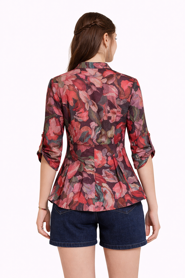 Infeel Multi-Color Botanical Print Top – Tailored Waist with Adjustable Sleeves