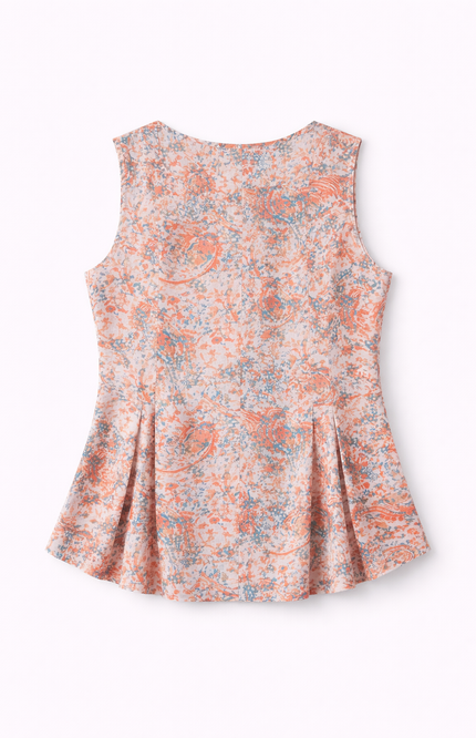 Girls' Sleeveless Peach and Blue Floral Print Top with Button Front