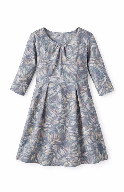 Girls' Slate Blue Botanical Leaf Print Dress with Three-Quarter Sleeves