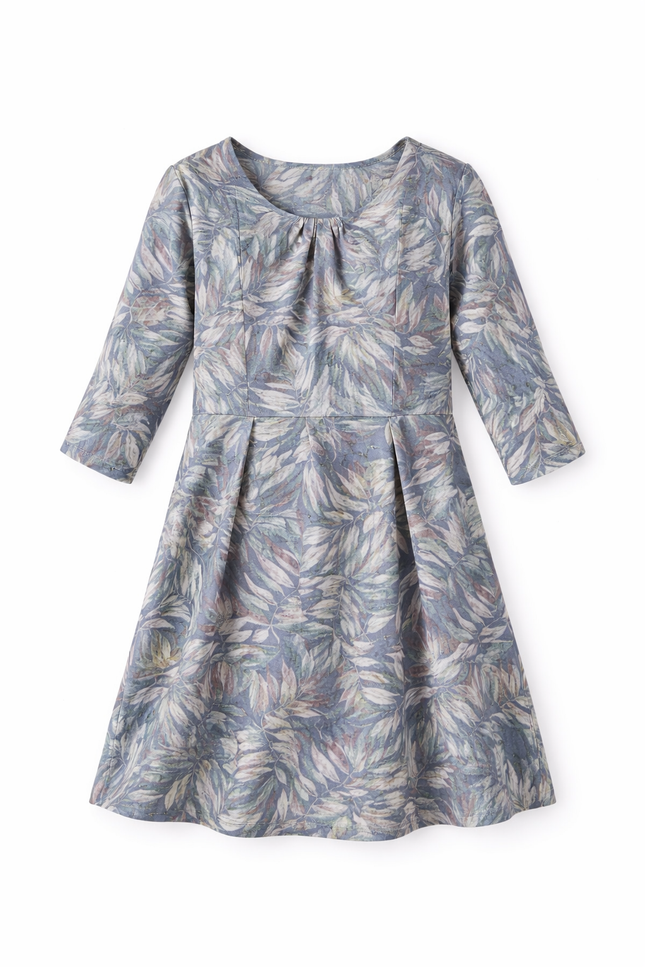 Girls' Slate Blue Botanical Leaf Print Dress with Three-Quarter Sleeves