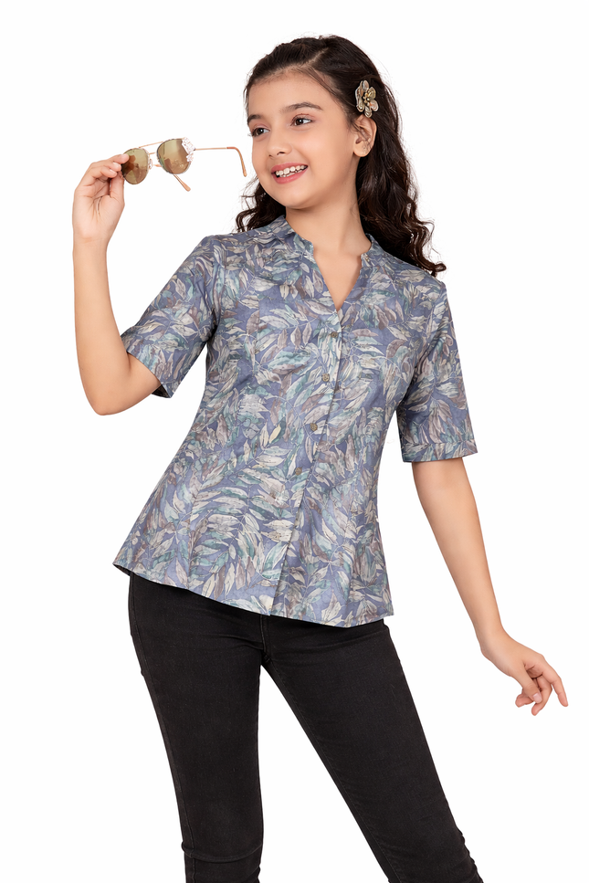 Infeel Kids' Modern Leaf Motif Casual Top – Slate and Sage Pattern