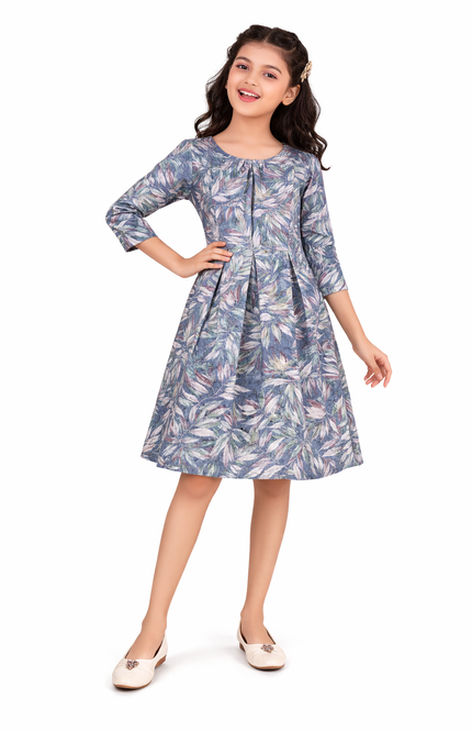 Girls' Slate Blue Botanical Leaf Print Dress with Three-Quarter Sleeves
